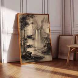 Chinese Ink Waterfall Wall Art, Bamboo Forest Landscape Poster, Zen Nature Brush Painting, Wabi Sabi Asian Decor, Monochrome Unframed Print - thumbnail 3