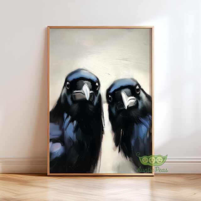 Whimsical Crows Wall Art, Curious Bird Painting, Raven Portrait Art Print, Moody Animal Artwork, Modern Rustic Home Decor, Lover Gift - image 1