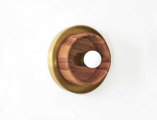 Flush Mount Mid Century Modern Brass & Acacia Wood Sconce Light Fixture Wooden Kitchen Foyer - image 1
