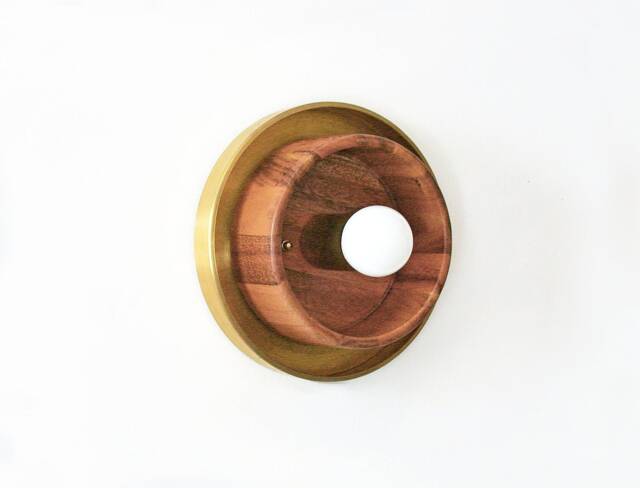 Flush Mount Mid Century Modern Brass & Acacia Wood Sconce Light Fixture Wooden Kitchen Foyer - image 1