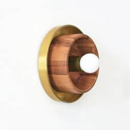 Flush Mount Mid Century Modern Brass & Acacia Wood Sconce Light Fixture Wooden Kitchen Foyer - thumbnail 4