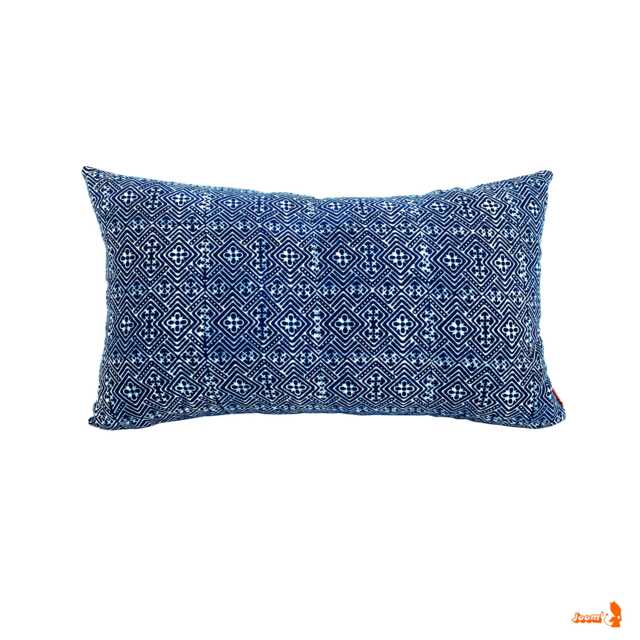 Blue Batik Linen Lumbar Pillow Bohemian Hmong Textile - image 1