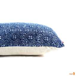 Blue Batik Linen Lumbar Pillow Bohemian Hmong Textile - thumbnail 2