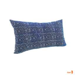 Blue Batik Linen Lumbar Pillow Bohemian Hmong Textile - thumbnail 3