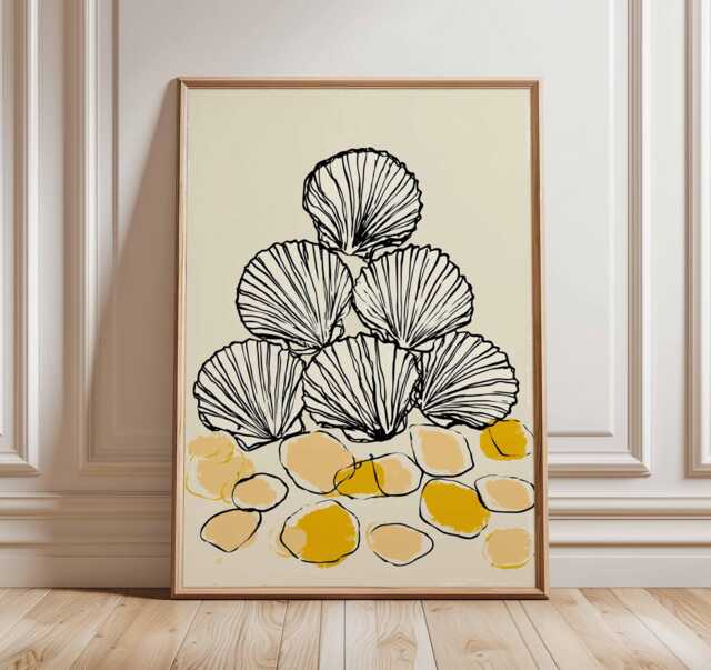 Seashell Line Art Print, Minimalist Coastal Wall Decor, Modern Beach Poster, Yellow & Cream Ocean Artwork, Scandinavian Style - image 1