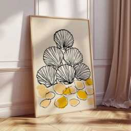 Seashell Line Art Print, Minimalist Coastal Wall Decor, Modern Beach Poster, Yellow & Cream Ocean Artwork, Scandinavian Style - thumbnail 2