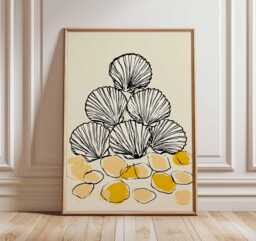 Seashell Line Art Print, Minimalist Coastal Wall Decor, Modern Beach Poster, Yellow & Cream Ocean Artwork, Scandinavian Style - thumbnail 1