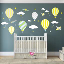 Hot Air Balloon Decal With Planes, White Clouds & Stars. Yellow Grey & Teal Nursery Decor. Gender Neutral Wall Stickers. Toddler Bedroom - thumbnail 1