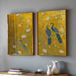 Gold Crane Wall Art Set Of 2 Japanese Inspired Bird Prints Decorative Oriental Panels - thumbnail 3