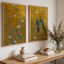 Gold Crane Wall Art Set Of 2 Japanese Inspired Bird Prints Decorative Oriental Panels - thumbnail 2