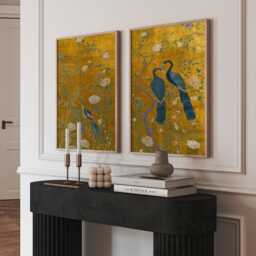 Gold Crane Wall Art Set Of 2 Japanese Inspired Bird Prints Decorative Oriental Panels - thumbnail 1
