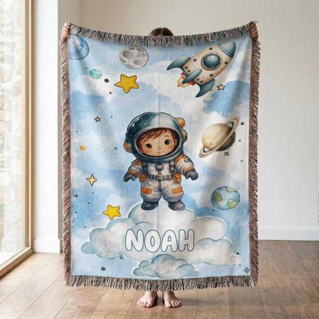 Personalized Astronaut Woven Blanket, Custom Space Baby Outer Nursery Throw, Rocket Planet Boy Gift - image 1