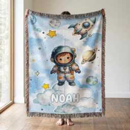 Personalized Astronaut Woven Blanket, Custom Space Baby Outer Nursery Throw, Rocket Planet Boy Gift - thumbnail 1