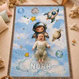 Personalized Astronaut Woven Blanket, Custom Space Baby Outer Nursery Throw, Rocket Planet Boy Gift - thumbnail 2