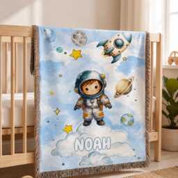Personalized Astronaut Woven Blanket, Custom Space Baby Outer Nursery Throw, Rocket Planet Boy Gift - thumbnail 3
