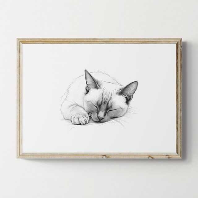 Sleeping Siamese Cat Print, Vintage Sketch, Farmhouse Decor, Gifts - image 1