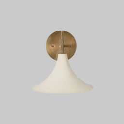 Mid Century Brass Wall Sconce, White Metal Shade, Minimalist Bedside Lamp - thumbnail 2