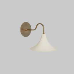 Mid Century Brass Wall Sconce, White Metal Shade, Minimalist Bedside Lamp - thumbnail 3