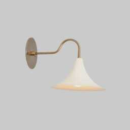 Mid Century Brass Wall Sconce, White Metal Shade, Minimalist Bedside Lamp - thumbnail 1