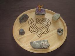 Crystal/Mineral Rock Display Tray. Tri Heart Woodburned Design - thumbnail 1