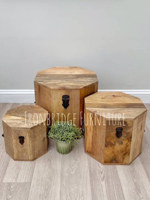 Solid Mango Wood Octagonal Treasure Chest, Storage Trunk, Box, Dowry, Blanket - 3 Sizes Available - image 1