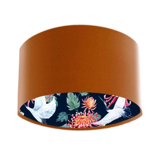 Terracotta Velvet Lampshade With Crane Birds & Chrysanthemum Lining in Blue, Fabric Lined Lampshades - image 1