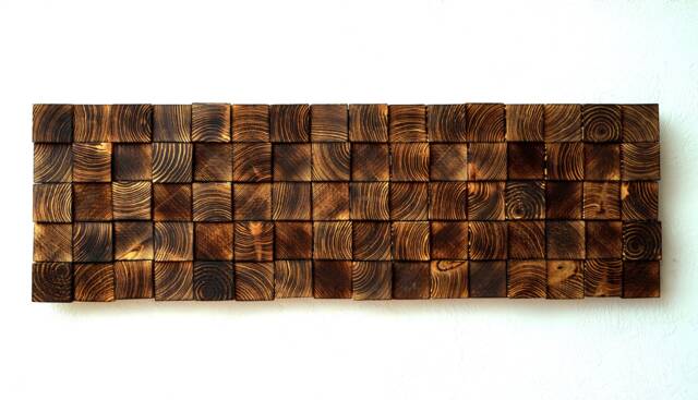 "Rustic Wood Mosaic Wall Art Geometric Farmhouse Decor - 38""x 12" - image 1