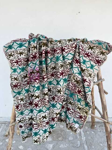 Traditional Vintage Suzani Kantha Quilt Hand Stitched Floral Cotton Reversible Bedspread Boho Throw - image 1
