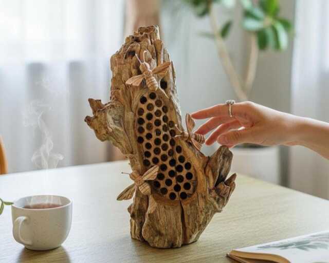 Wooden Bee Sculpture 10 Inch/25 cm, Table Decor, Statue, Nature Sculpture, Living Room, Home Room Gift For Her - image 1