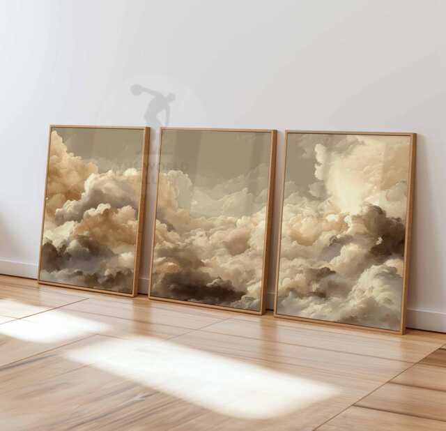 Japanese Clouds Bedroom Wall Art Set Of 3 Prints, White Beige Sky Posters, Vintage Home Decor, Large Poster Art - image 1