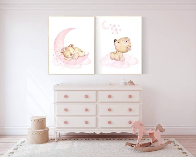 Pink Bear Nursery Art Print Dream Big, Baby Girl Room Decor - image 1