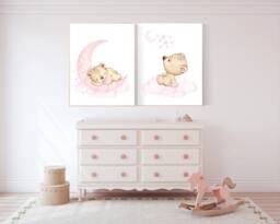 Pink Bear Nursery Art Print Dream Big, Baby Girl Room Decor - thumbnail 1