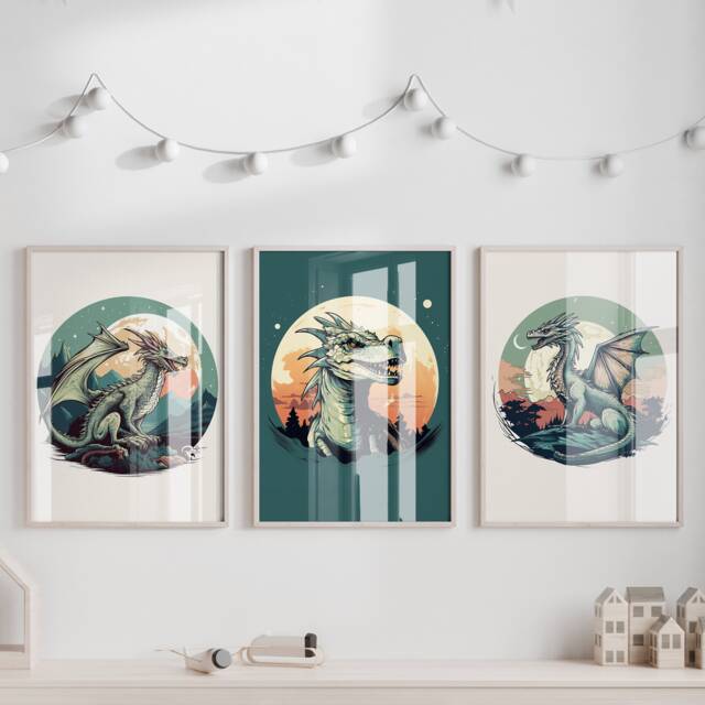Sage Green Dragon Prints Set, Mythical Nursery Art - Unframed