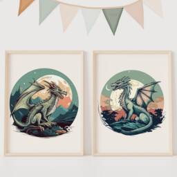 Sage Green Dragon Prints Set, Mythical Nursery Art - Unframed - thumbnail 3
