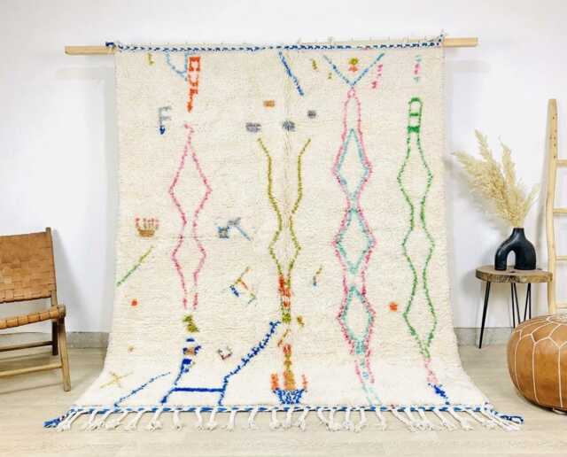 Ivory Moroccan Berber Rug, Handwoven Wool Shag Colorful Diamond & Triangle Motifs, Authentic Beni Ourain Carpet, Large 9x12 Area Rug - image 1