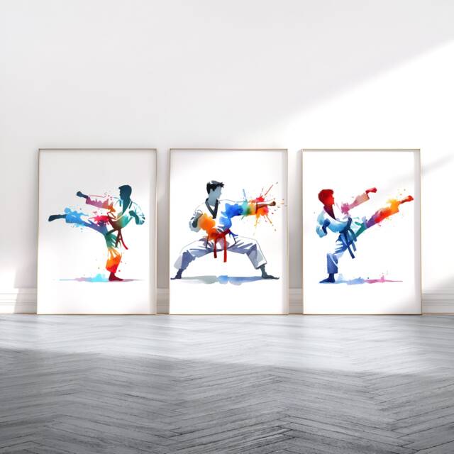 Boys Taekwondo Poster Set - 3 Prints - Room Decor Art Boy Bedroom Wall Pictures Kids Fight Sport Gifts - image 1