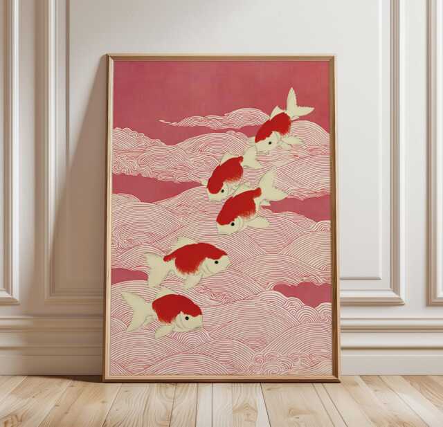Japanese Koi Fish Wall Art Poster, Red Illustration, Traditional Asian Wave Print, Minimal Decor - image 1