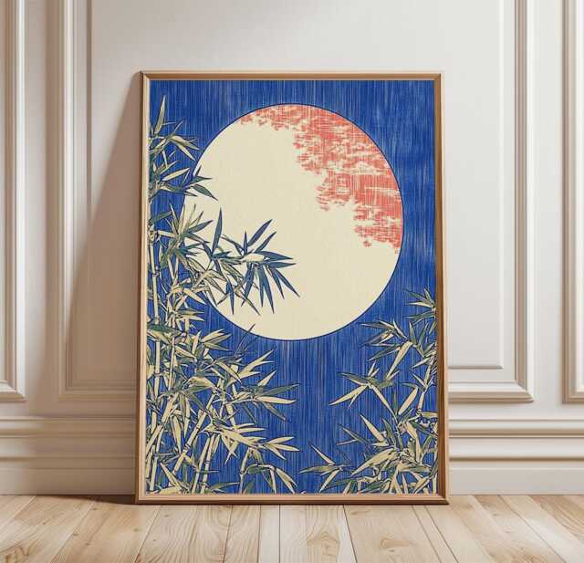 Japanese Moon Poster - Bamboo Wall Art Asian Landscape Print Blue Night Sky Artwork Zen Nature Decor - image 1