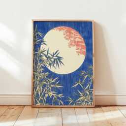 Japanese Moon Poster - Bamboo Wall Art Asian Landscape Print Blue Night Sky Artwork Zen Nature Decor - thumbnail 4