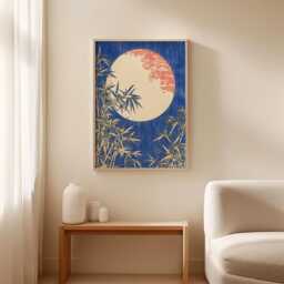 Japanese Moon Poster - Bamboo Wall Art Asian Landscape Print Blue Night Sky Artwork Zen Nature Decor - thumbnail 3