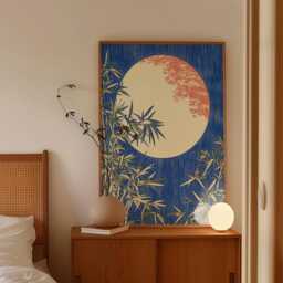 Japanese Moon Poster - Bamboo Wall Art Asian Landscape Print Blue Night Sky Artwork Zen Nature Decor - thumbnail 2