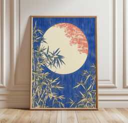 Japanese Moon Poster - Bamboo Wall Art Asian Landscape Print Blue Night Sky Artwork Zen Nature Decor