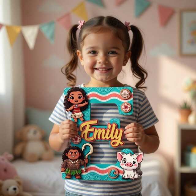 Personalized Moana Name Sign With Initial, Layered Wooden Nursery Wall Decor, Custom Baby Plaque, Maui & Pua Letter - image 1