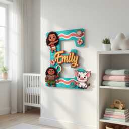 Personalized Moana Name Sign With Initial, Layered Wooden Nursery Wall Decor, Custom Baby Plaque, Maui & Pua Letter - thumbnail 2