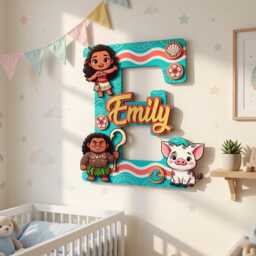 Personalized Moana Name Sign With Initial, Layered Wooden Nursery Wall Decor, Custom Baby Plaque, Maui & Pua Letter - thumbnail 3