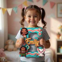 Personalized Moana Name Sign With Initial, Layered Wooden Nursery Wall Decor, Custom Baby Plaque, Maui & Pua Letter - thumbnail 1