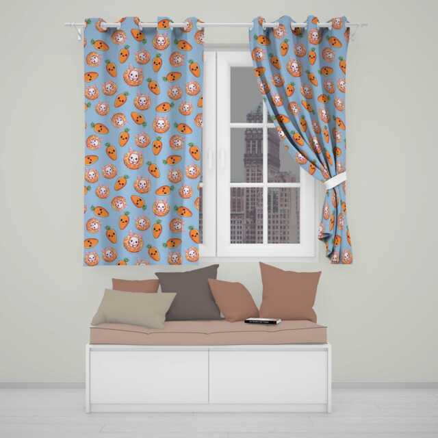 Cute Kawaii Bunny With Carrot Donut Seamless Pattern Blue Background Readymade Eyelet Ring Top Thermal 100% Blackout Curtains - image 1