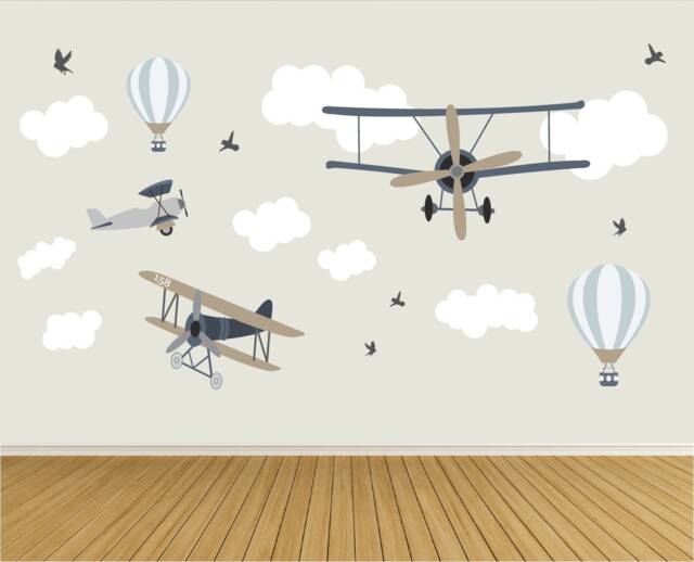 Airplane Wall Decals Nursery Decor, Hot Air Balloons , Cloud Decal , Boys Decor Peel & Stick - image 1