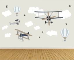Airplane Wall Decals Nursery Decor, Hot Air Balloons , Cloud Decal , Boys Decor Peel & Stick - thumbnail 1