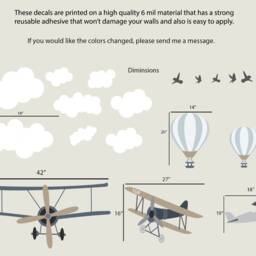Airplane Wall Decals Nursery Decor, Hot Air Balloons , Cloud Decal , Boys Decor Peel & Stick - thumbnail 2